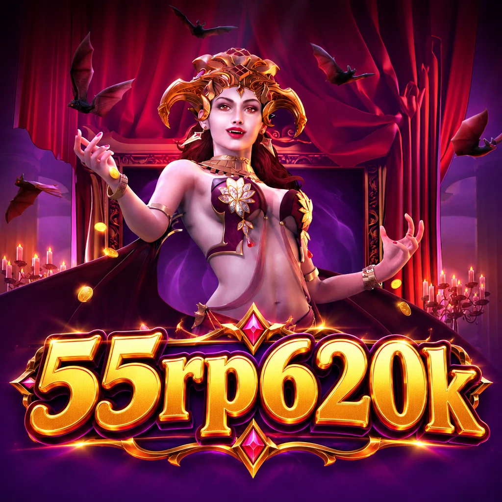 Ilustrasi karakter vampir wanita dengan latar tirai merah bertuliskan 55rp620k di game Vampires Charm
